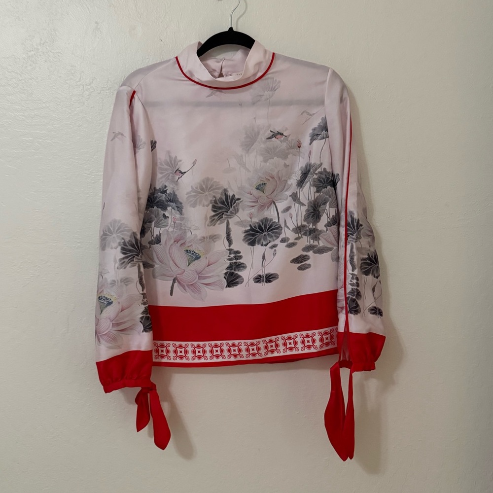 Ted Baker Pink Floral Blouse with Red Trim and Tie Cuffs